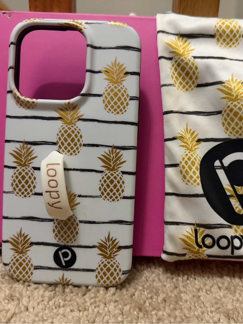 iPhone 14 Pro Loopy Case Gold Pineapple Pattern and Black Stripes